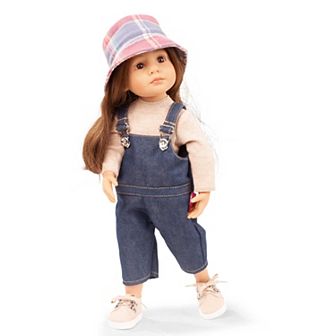Gotz Little Kidz - Grete Doll - 14" Multi-Jointed Standing Doll, Long Brown Hair To Wash & Style, Jean Overalls & Bucket Hat, Handcrafted