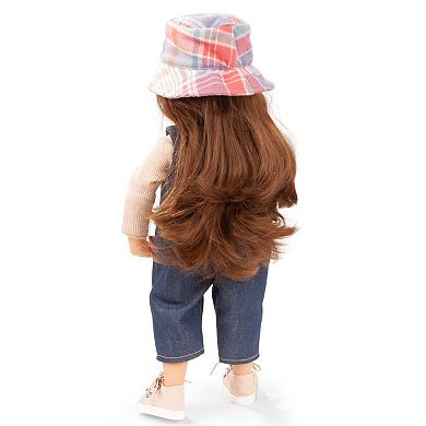 Gotz Little Kidz - Grete Doll - 14" Multi-Jointed Standing Doll, Long Brown Hair To Wash & Style, Jean Overalls & Bucket Hat, Handcrafted