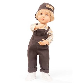 Gotz Little Kidz - Max 14" Multi-Jointed Standing Boy Doll, Blond Hair To Wash & Style, Brown Overalls & Cap Outfit, Handcrafted