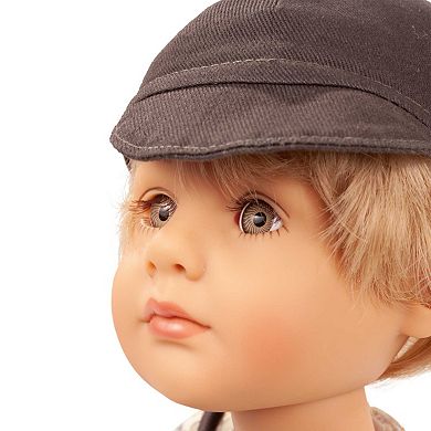 Gotz Little Kidz - Max 14" Multi-Jointed Standing Boy Doll, Blond Hair To Wash & Style, Brown Overalls & Cap Outfit, Handcrafted