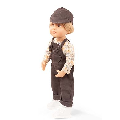 Gotz Little Kidz - Max 14" Multi-Jointed Standing Boy Doll, Blond Hair To Wash & Style, Brown Overalls & Cap Outfit, Handcrafted