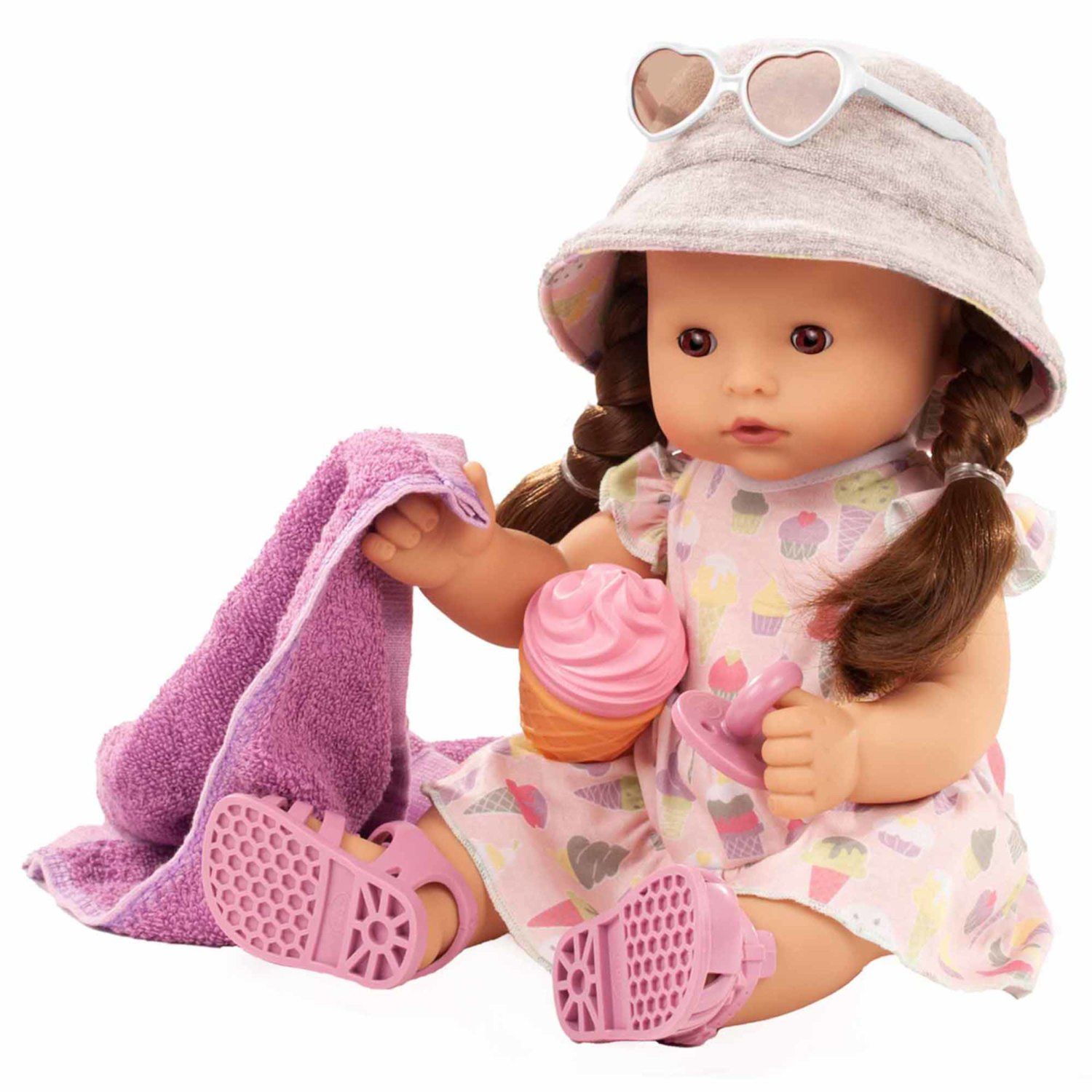 Детские куклы Gotz Maxy Aquini Popsicle - 16.5" All Vinyl Bath Baby Doll with Brown Hair to Wash and Style, Brown Sleeping Eyes, Dress, Hat and Accessories Set