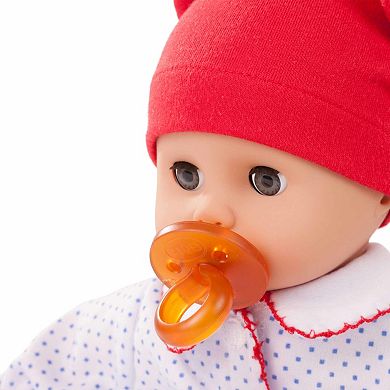 Gotz Boy Muffin 13" Bald Soft Body Baby Doll in Red White & Blue Footed Pajamas with Blue Sleeping Eyes