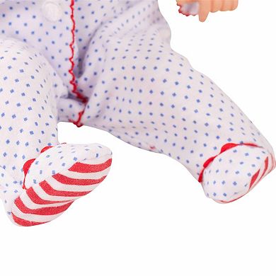 Gotz Boy Muffin 13" Bald Soft Body Baby Doll in Red White & Blue Footed Pajamas with Blue Sleeping Eyes