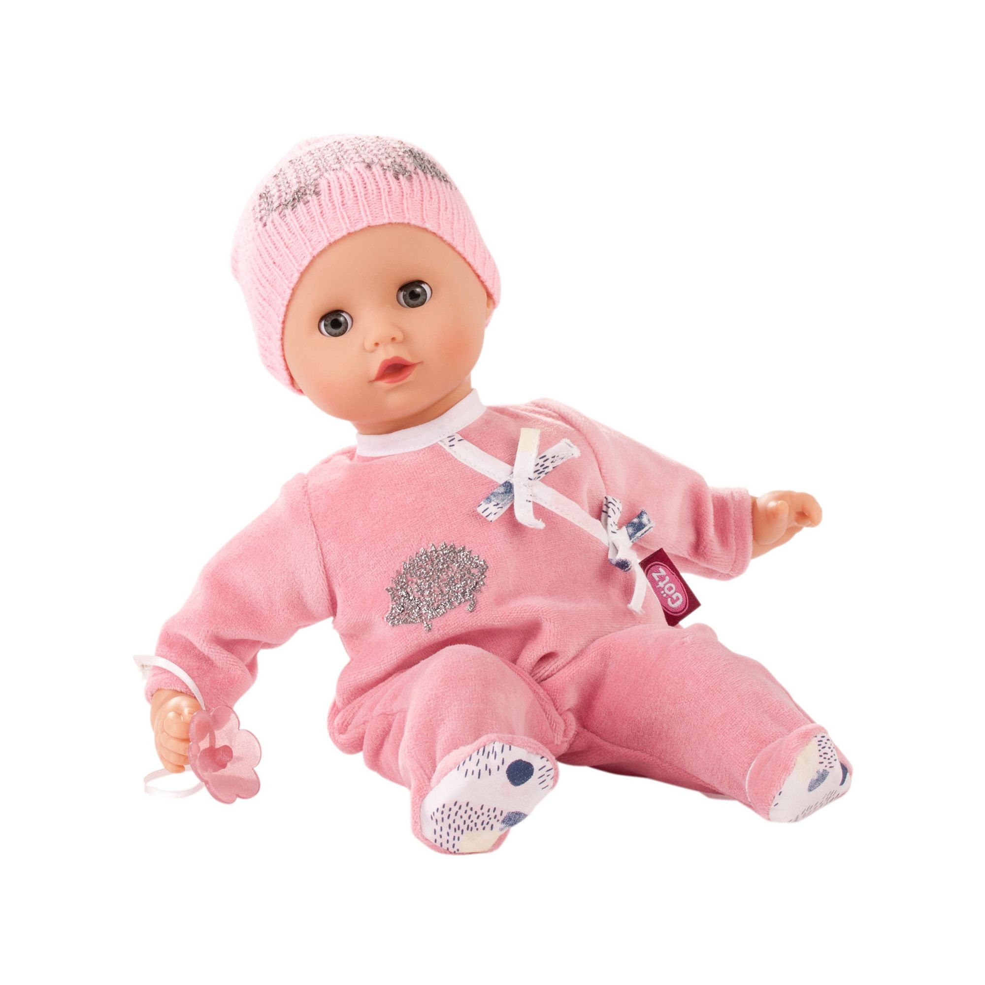 Gotz Muffin Hedgehog 13 Soft Body Baby Doll with Bald Head in Pink Velou