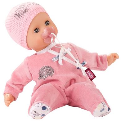 Gotz Muffin Hedgehog 13" Soft Body Baby Doll with Bald Head in Pink Velour Footed Pajamas with Knit Cap and Pacifier