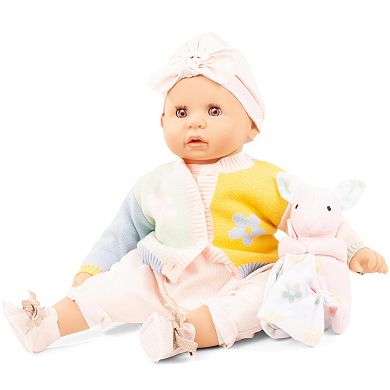 Gotz Cookie Fabspiel 19" Baby Doll, Pastel Outfit, Bunny Stuffed Animal, Jumpsuit & Flower Cardigan