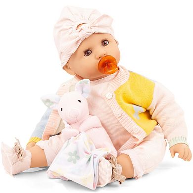 Gotz Cookie Fabspiel 19" Baby Doll, Pastel Outfit, Bunny Stuffed Animal, Jumpsuit & Flower Cardigan