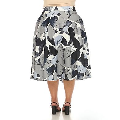Plus Size Leaf Print Vintage Flared Midi Skirt
