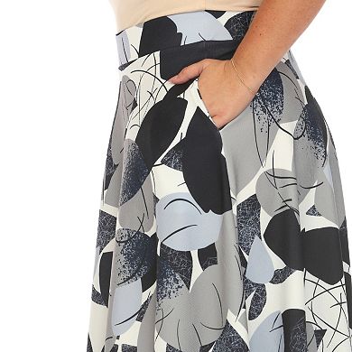 Plus Size Leaf Print Vintage Flared Midi Skirt