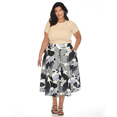 Plus Size Leaf Print Vintage Flared Midi Skirt