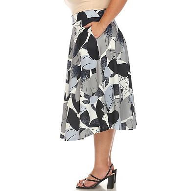 Plus Size Leaf Print Vintage Flared Midi Skirt