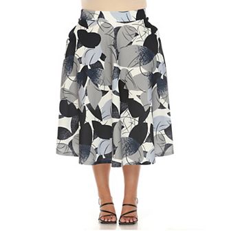Plus Size Leaf Print Vintage Flared Midi Skirt