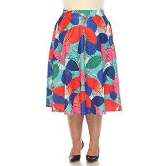 Plus Size Leaf Print Vintage Flared Midi Skirt