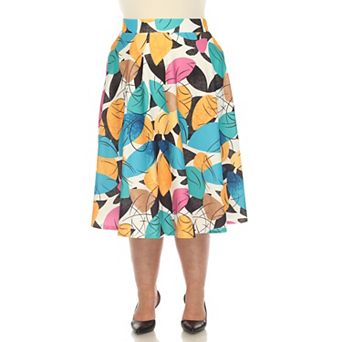 Plus Size Leaf Print Vintage Flared Midi Skirt