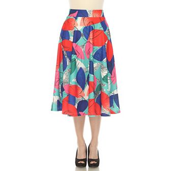 Women's Leaf Print Vintage Flared Midi Skirt