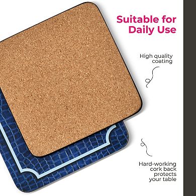 Pimpernel Blue Croc Leather Coasters, Set of 4 (4" Square) Heat & Stain Resistant