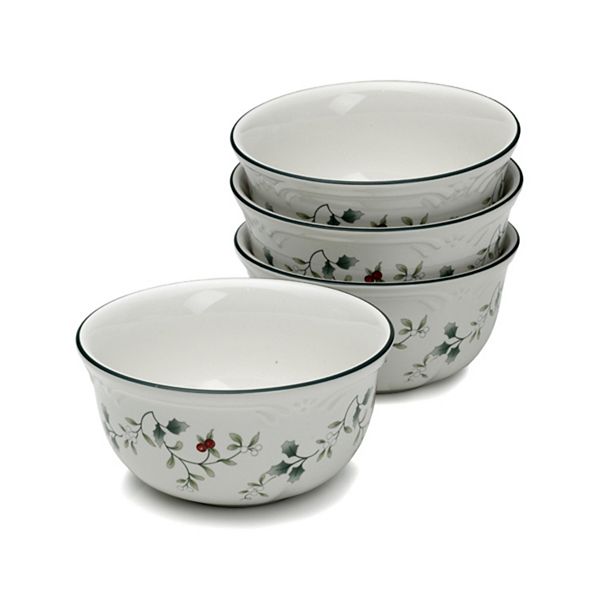 Pfaltzgraff Winterberry 24 oz Deep Bowl Set of 4 White with Green and Red Accents