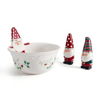 Pfaltzgraff Winterberry 7.25 Inch Gnome Serving Bowl with Salt and Pepper Set