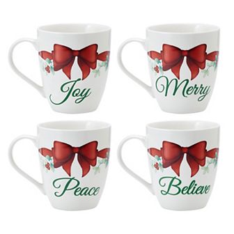 Pfaltzgraff Winterberry Red Bow Sentiment 20oz Mugs Set of 4