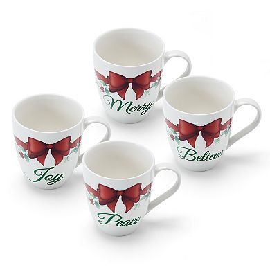Pfaltzgraff Winterberry Red Bow Sentiment 20oz Mugs Set of 4
