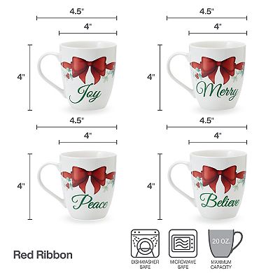 Pfaltzgraff Winterberry Red Bow Sentiment 20oz Mugs Set of 4