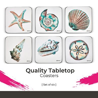 Pimpernel Coastal Shore Coasters Set of 6, 4" Square Cork-Backed Drink Mats