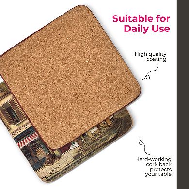 Pimpernel Parisian Scenes Coasters Set of 4, Cork-Backed 4" Boards, Heat & Stain Resistant