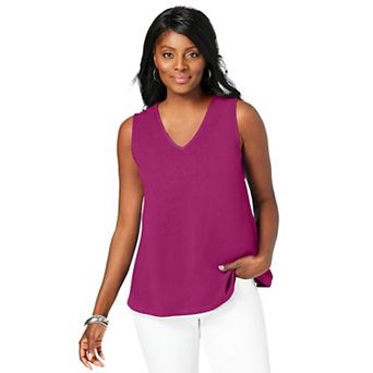 Jessica London Women's Plus Size Stretch Cotton V-neck Trapeze Tank
