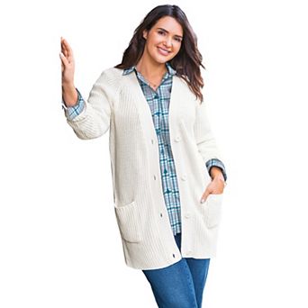 Woman Within Plus Size Button-Front Shaker Cardigan