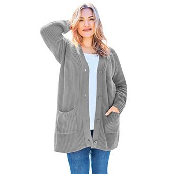 Woman Within Plus Size Shaker Button-Front Cardigan Sweater