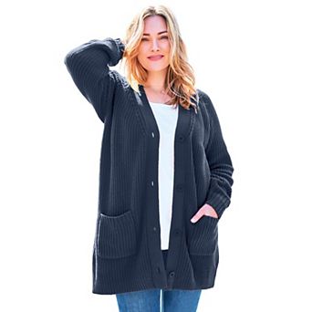 Woman Within Plus Size Button-Front Shaker Cardigan