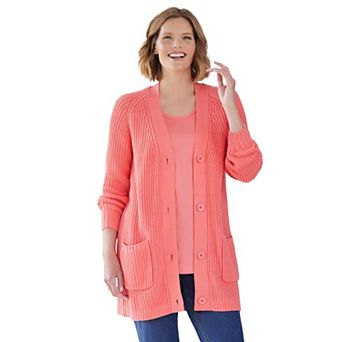 Woman Within Plus Size Petite Shaker Button-Front Cardigan Sweater