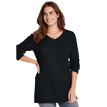Woman Within Plus Size Cable Knit V-Neck Pullover Sweater