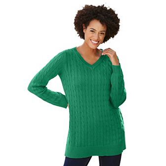 Woman Within Plus Size Cable Knit V-Neck Pullover Sweater