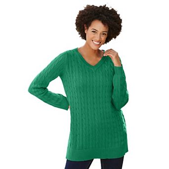 Woman Within Plus Size Cable Knit V-Neck Pullover Sweater