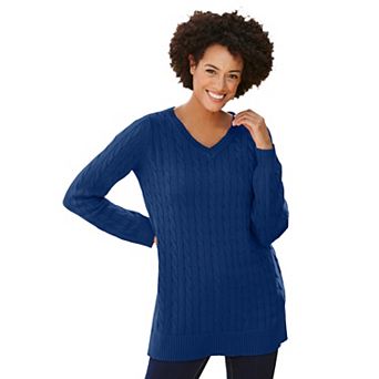Woman Within Plus Size Cable Knit V-Neck Pullover Sweater