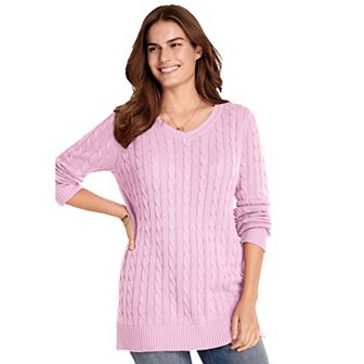 Woman Within Plus Size Cable Knit V-Neck Pullover Sweater