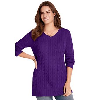 Woman Within Plus Size Cable Knit V-Neck Pullover Sweater