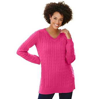 Woman Within Plus Size Cable Knit V-Neck Pullover Sweater