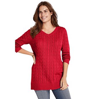 Woman Within Plus Size Cable Knit V-Neck Pullover Sweater