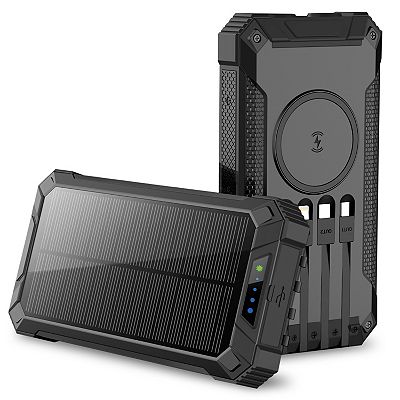 20000mAh Solar Power Bank with Wireless Charging and Built-in Cables Black