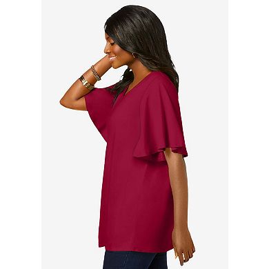Jessica London Women's Plus Size Stretch Knit Flutter Sleeve Tunic