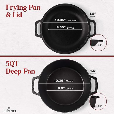 Cuisinel 5-Qt Deep Cast Iron Dutch Oven 2-in-1 Combo Lid Skillet + Silicone Handles & Scraper