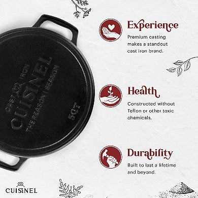 Cuisinel 5-Qt Deep Cast Iron Dutch Oven 2-in-1 Combo Lid Skillet + Silicone Handles & Scraper