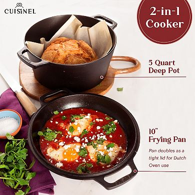 Cuisinel 5-Qt Deep Cast Iron Dutch Oven 2-in-1 Combo Lid Skillet + Silicone Handles & Scraper
