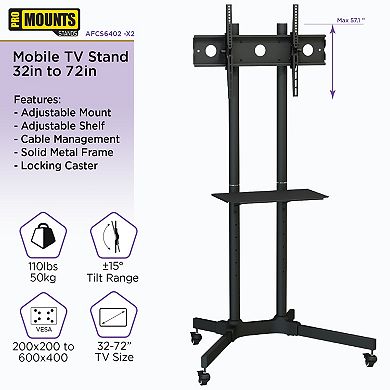 ProMount Premium Rolling TV Stand with Mount and Adjustable Shelf for 32"-72" TVs up to 110lbs