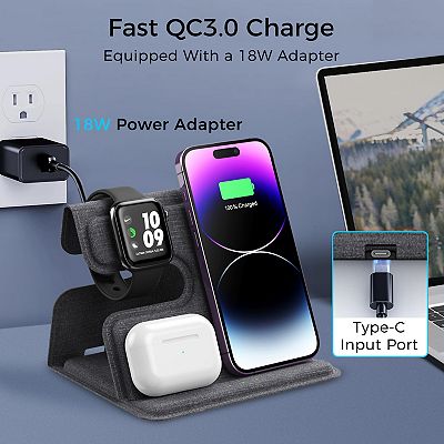 3-in-1 Leather 18w Wireless Charger - Smartphone, Earbuds & Smartwatch