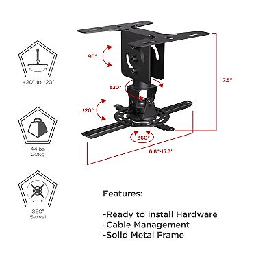 ProMounts Premium Universal Overhead Ceiling Projector Mount, Supports up to 44lbs