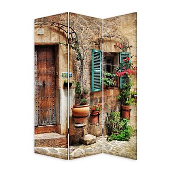 72 Inch 3 Panel Canvas Room Divider, Streets, Flowers, Plants, Multicolor